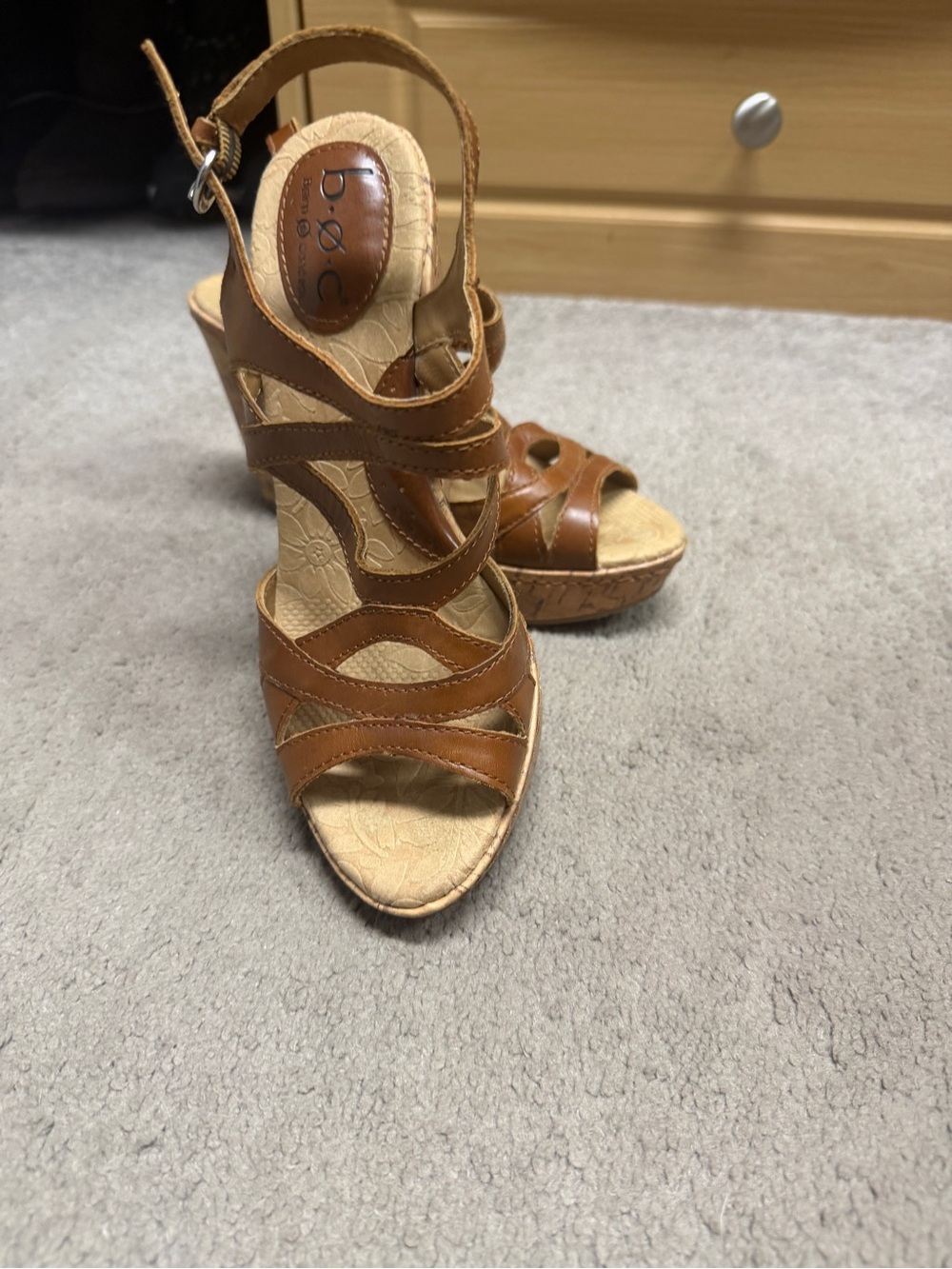 b.o.c. Tan Leather Strappy Wedge Sandals